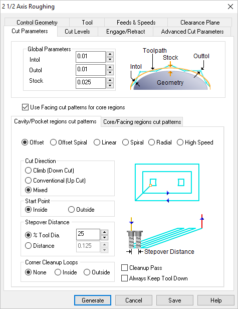 Dialog Box: Cut Parameters tab