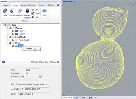 Right-click on the Slice object and select Export to execute this command.