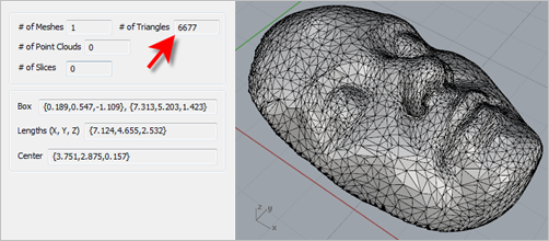 After Reduce Mesh, the RhinoCAM Browser reports a total of 6,677 facets.