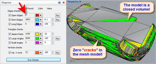 After Stitch & Close, Diagnose reports 0 <zero> open edges and the mesh is closed!