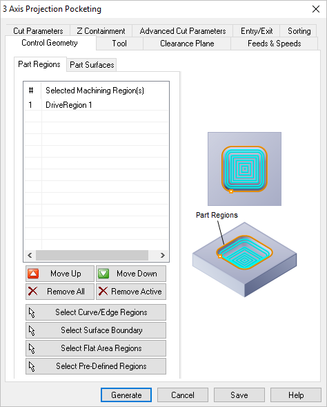 Dialog Box: Control Geometry tab, Projection Pocketing, 3 Axis