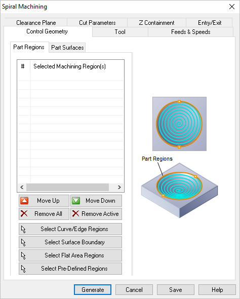 Dialog Box: Control Geometry tab, Spiral Machining, 3 Axis
