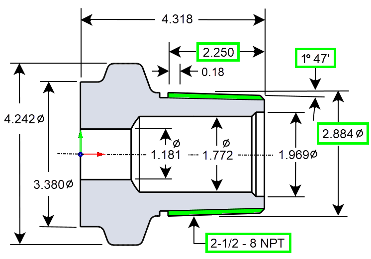 The location and dimensions for the 2½ - 8 NPT external threads