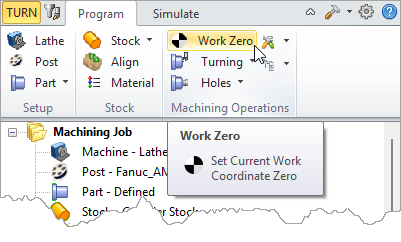 The Work Zero command on the program tan of the TURN Machining Browser