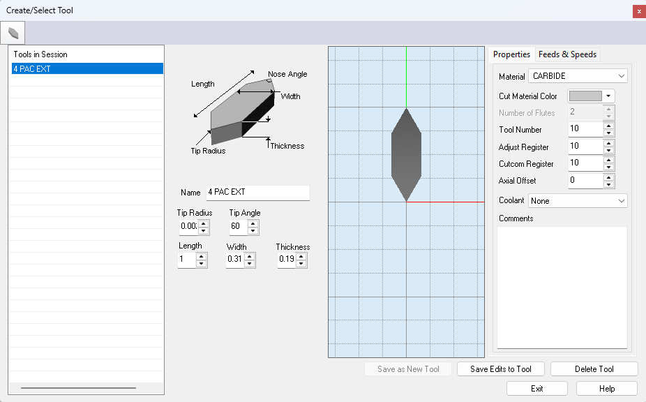 The Create/Select Tool dialog showing tool insert dimensions and properties