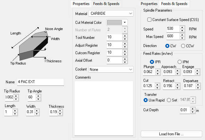 Composite view of the Create/Select Tool dialog showing insert dimensions, Properties and Feeds & Speeds