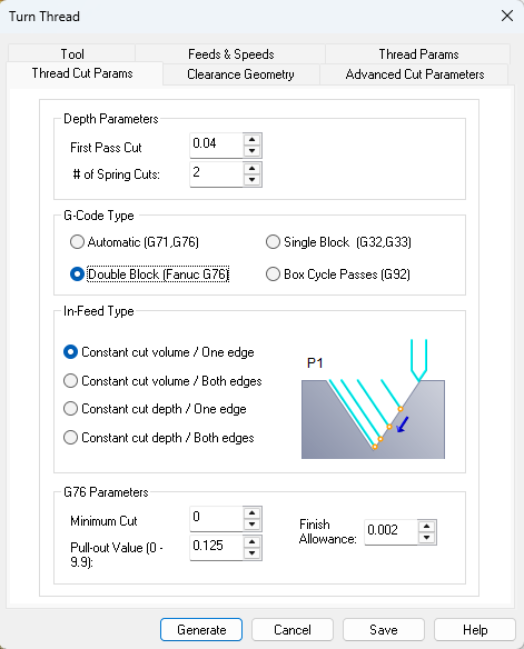 The Thread Params tab of the Turn Thread operation dialog