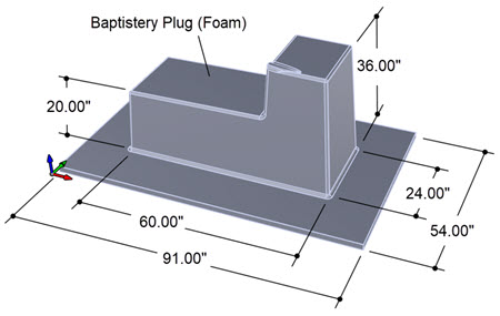 The RhinoCAM part is a plug form cut from EPS 2 lb density foam upon which fiberglass composite materials are deposited to form the Baptistery Basin.
