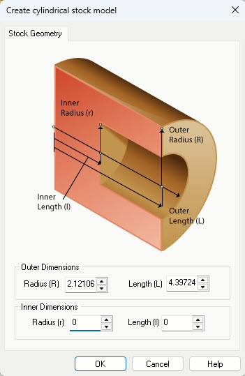 The Create Cylindrical Stock Model dialog