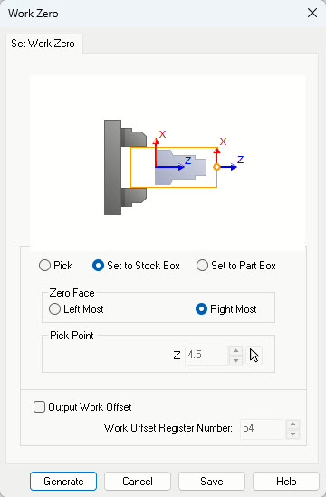 The Work Zero dialog allows you to define where you plan to set the machine zero on the Turning Center.&nbsp;