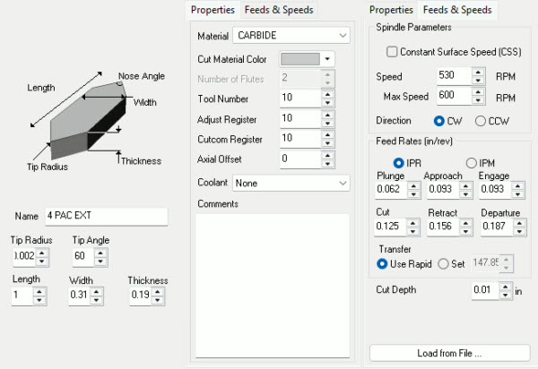 Composite view of the Create/Select Tool dialog showing insert dimensions, Properties and Feeds & Speeds