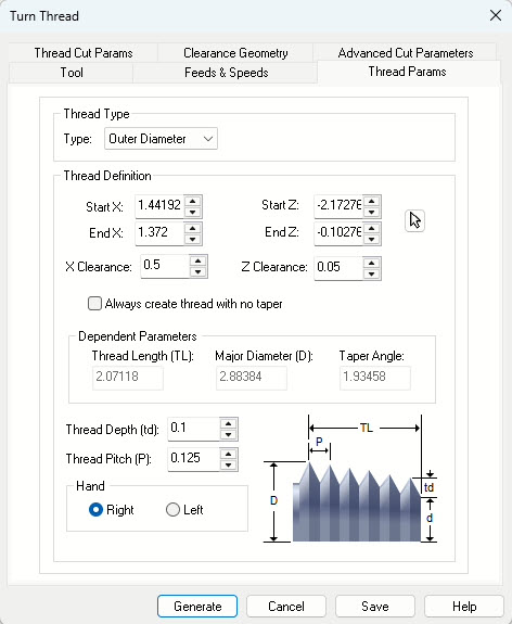 The Thread Params tab of the Turn Thread operation dialog