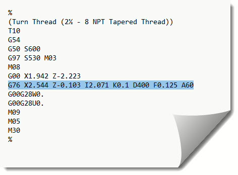 The G-Code created with the TURN Fanuc Post-processor for the 2½ – 8 NPT External Thread