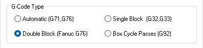 The G-Code Type in the Thread Cut Params tab of the Turn Thread dialog set to Double Block (Fanuc G76)