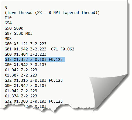 Single Block (G32 / G33) G-Code for the 2½ – 8 NPT External Thread