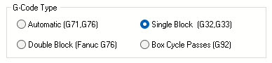The G-Code Type in the Thread Cut Params tab of the Turn Thread dialog set to Single Block (G32 / G33)