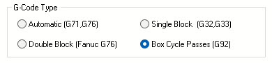 The G-Code Type in the Thread Cut Params tab of the Turn Thread dialog set to Box Cycle Passes (G92)