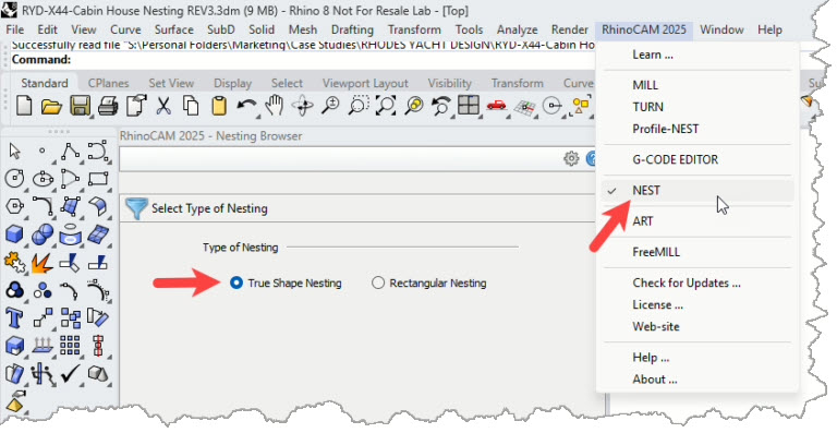 RhinoCAM NEST is loaded from the RhinoCAM Main Menu in Rhino