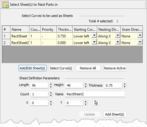 Here we see the Select Sheets to Nest Parts in tab of the Nesting Browser