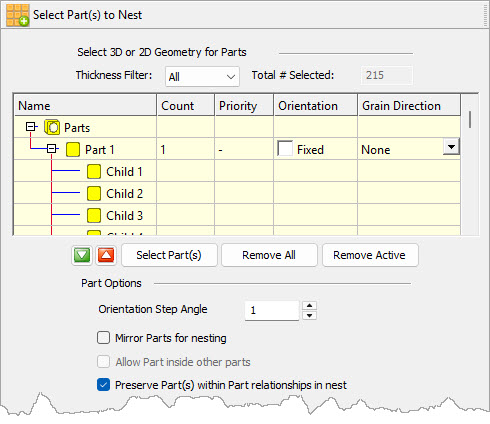 Here we see the Select Part(s) to Nest tab of the Nesting Browser