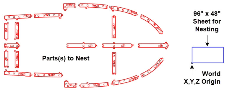 Here we see the Parts to Nest in red and the Sheet to Nest Parts on in blue.