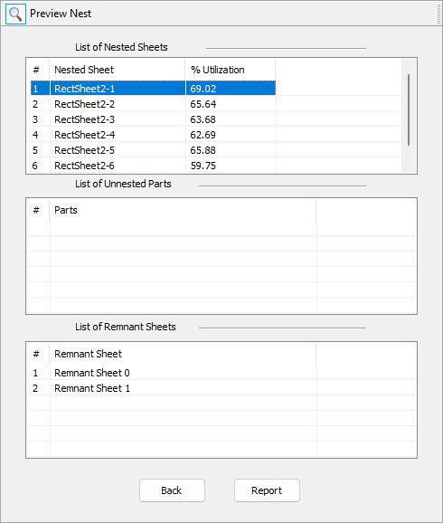 The Preview Nest tab lists the Nested Sheet, Unnested Sheets (if any) and the Remnant Sheets (if Remnants are enabled)