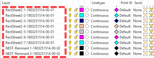 Above we see the Rhino layers that were created to contain the nested sheets. You will see that there is a layer for each of the seven nested sheets and that two sheets were created that each contain a remnant sheet.