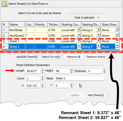 Above we see the Select Sheet(s) to Nest Parts in tab. Notice that the two remnant sheets were added into the Sheets list.&nbsp;