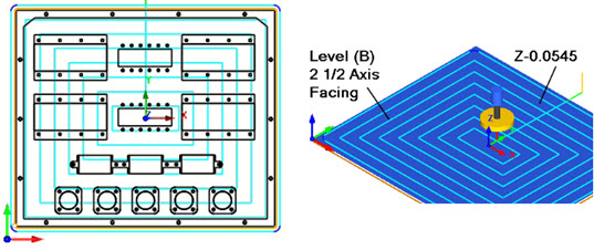2½ Axis Facing: Top view (Left) Cut Material Simulation (Right)&nbsp;
