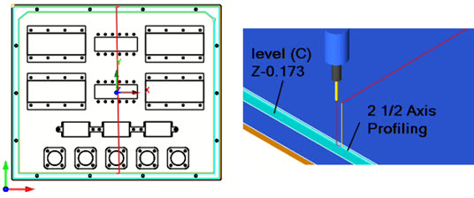 2½ Axis Profiling: Top view (Left) Cut Material Simulation (Right)