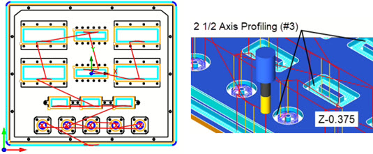 2½ Axis Profiling: Top view (Left) Cut Material Simulation (Right)