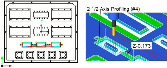 2½ Axis Profiling: Top view (Left) Cut Material Simulation (Right)