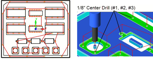 Center Drilling: Top view (Left) Cut Material Simulation (Right)