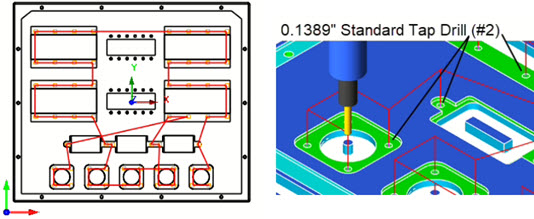 Tap Drilling: Top view (Left) Cut Material Simulation (Right)
