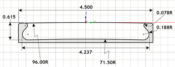 Here we see the Length section view of the Drawer Pull. As noted, the top of the part and the bottom of the pocket are cut on an arc. It is a very unique design that requires some very unique machining operations.&nbsp;