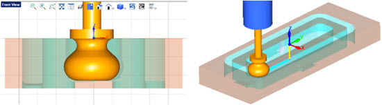 Here we see the Custom Tool profile cutter rough machining the undercut pocket. The toolpath is at the tip of the cutter.