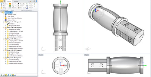 The component is displayed in Rhino 7.0. The Machining Job on the left consists of 5 setups. Setups 2 and 3 contain 5-axis Surface Normal machining operations.