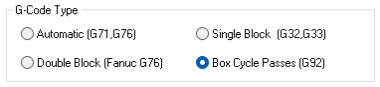 The G-Code Type in the Thread Cut Params tab of the Turn Thread dialog set to Box Cycle Passes (G92)