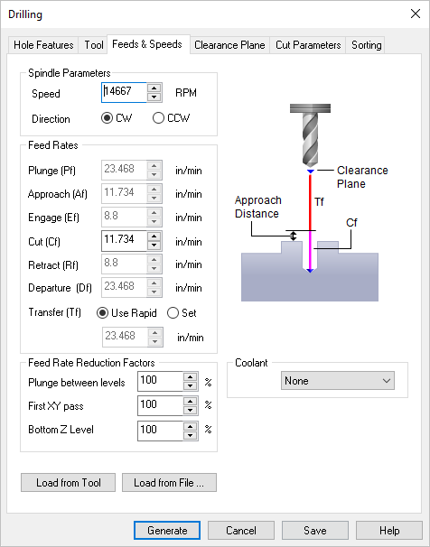 Feeds & Speeds tab, 2 Axis Drilling Operation