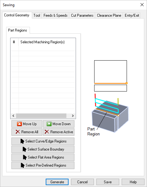 Dialog Box: Control Geometry tab, Saw Cutting, 2 Axis