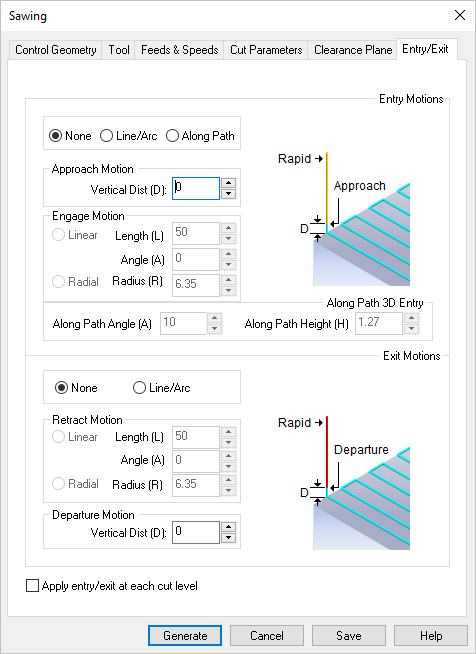 Dialog Box: Entry/Exit tab, 2½ Axis Saw Cutting