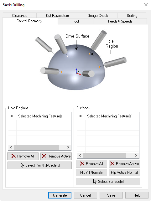 Dialog Box: Control Geometry tab, 5 Axis Drilling Operations