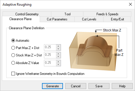 Dialog Box: Clearance Plane tab, Adaptive Roughing, 3 Axis