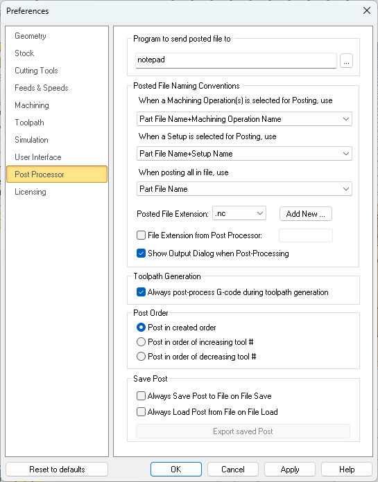 CAM Preferences > Post