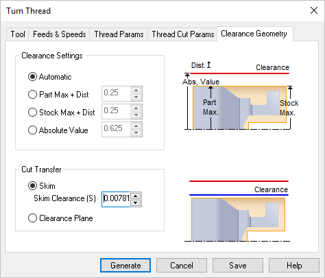 Dialog Box: Clearance Geometry tab, Turn Thread