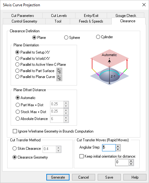 Dialog Box: Clearance tab, similar for 5 Axis Milling Operations
