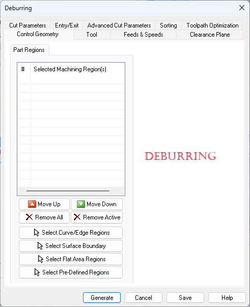 Dialog Box: Control Geometry tab, Deburring, 2 Axis