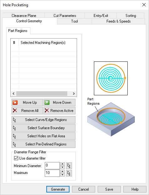 Dialog Box: Control Geometry tab, Hole Pocketing, 2 Axis