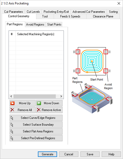 Dialog Box: Control Geometry tab, Pocketing, 2 Axis
