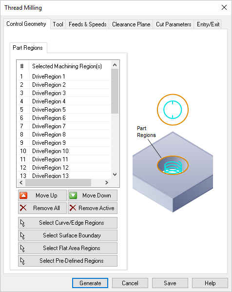 Dialog Box: Control Geometry tab, Thread Milling, 2 Axis